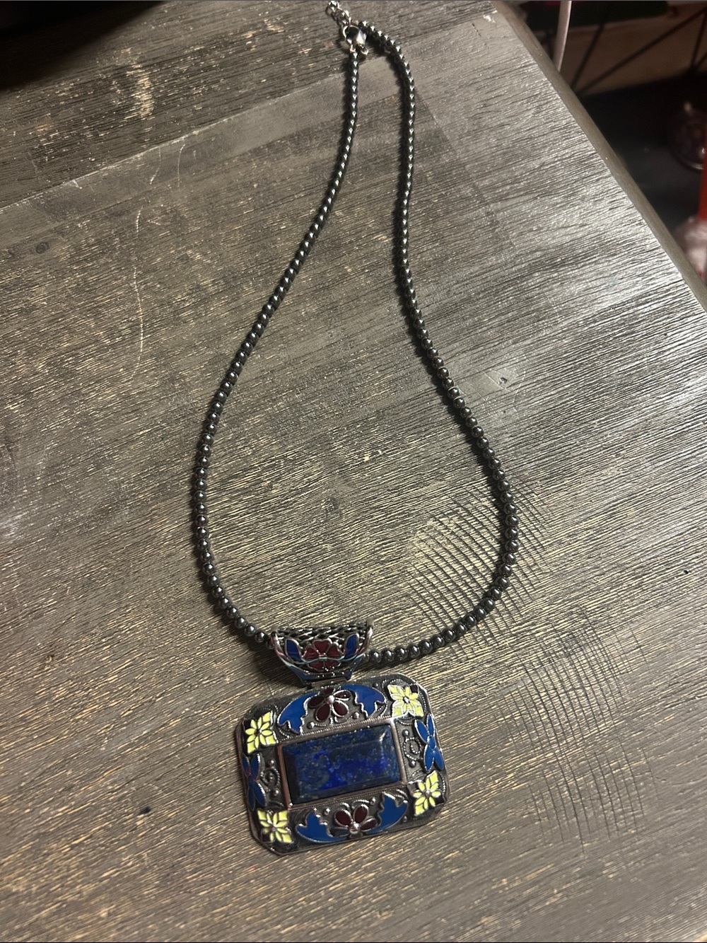 Hematite Necklace Lapis Lazuli Enameled Pendant Beads‎ 18” 60.25 Ctw